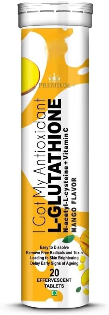 L- Glutathione 600mg z Mango Flavour 124; Pomaganie w połysku skóry, przeciwutleniacze, rozjaśnianie skóry, Pigmentacja, Pigmentacja 124; Zmniejszanie tan dla mężczyzn i kobiet - 20 tabletek musujących