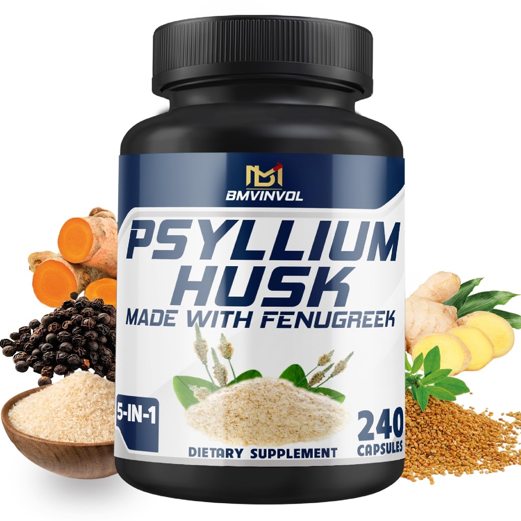 BMVINVOL Psyllium Husk Kapsułki Fiber Suplement z kozieradką, kurkuma, Ginger, Pieprz czarny - Wsparcie Digestive System, Zdrowie jelit - 240 Licz 4 Miesiące dostaw
