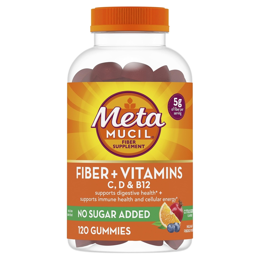 Metamucil Fiber Gummies dla dorosłych z witamin C, D, B12 dla metabolizmu, No Sugar Added Citrus Berry Flavor, 5g roślin Prebiotyczny dodatek fiber mieszanka, 120 Liczba
