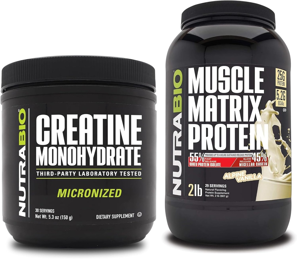 Monowodzian NutraBio Creatine, Nieflawored, (150 g) i proszek z białka Matrix Muscle, (Vanilla) Supplement Bundle - Energia mięśniowa, maksymalny wzrost, odzysk i siła