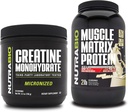 Monowodzian NutraBio Creatine, Nieflawored, (150 g) i proszek z białka Matrix Muscle, (Vanilla) Supplement Bundle - Energia mięśniowa, maksymalny wzrost, odzysk i siła