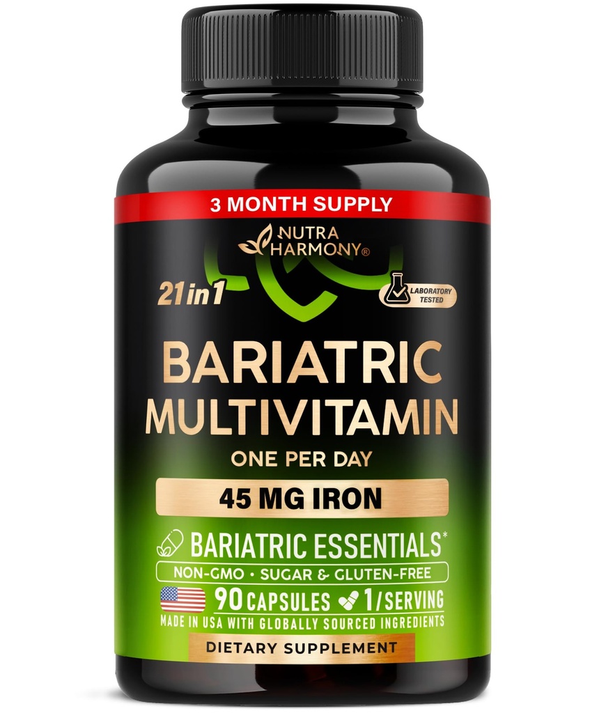 Bariatric Multivitamin - 45 mg Żelaza Suplementy - Made in USA - dla kobiet i mężczyzn - All- in- One, 21 Esential Vitamin - Gastric Sleeve Support - Free of Sugar, Gluten & Soy - 90 Kapsułki, Raz dziennie