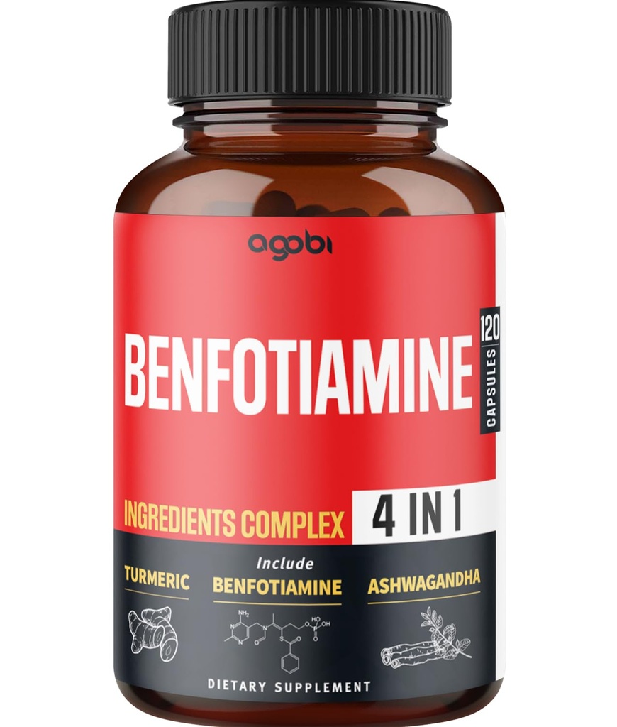 agobi 4in1 Suplement benfotiaminy - 2 Miesiące na trawienie, wytwarzanie energii i odporność - Plus kurkumina kurkuminowa Turkuminowa korzeń, Ashwagandha Korzeń & Organic Gymnema Sylvestre - 120 Kapsułki