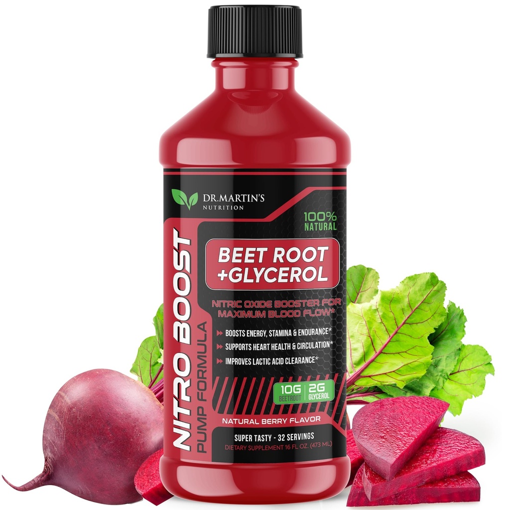 DR. MARTIN 'S NUTRITION NitroBeet 12,000mg Beet Root + Glicerol do przepływu krwi, Pompy i Endurance 124; Wspiera zdrowie i cyrkulacja serca 124; Naturalny suplement buraczany dla mężczyzn i kobiet