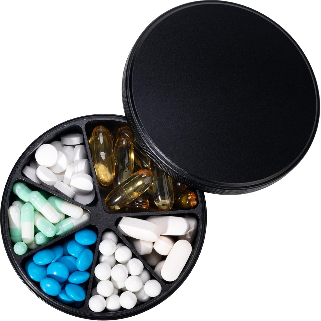Pill Organizator z 6 Komory - Heavy Duty Metal Daily Pill Case, Duży pojemnik na pióro, Waterproof Dispenser Pill Box for Vitanium Supplement Medicine Fish Oils, 0.38lb, Czarny