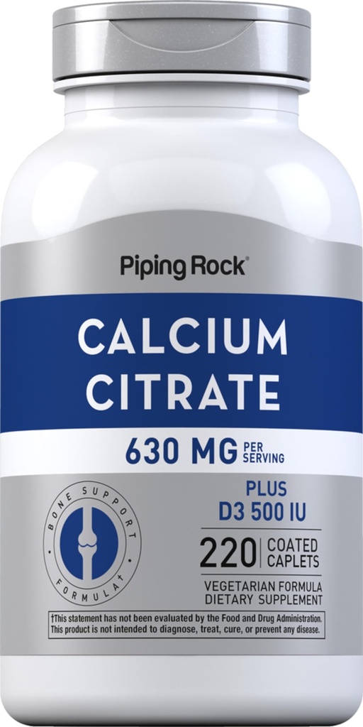 Cytrynian wapnia z pipingu skalnego z witaminą D3, 124; 630 mg, 124; 220 Kapletów, 124; Suplement dla kobiet i mężczyzn, 124; Wegetariański, Non-GMO, Gluten Free