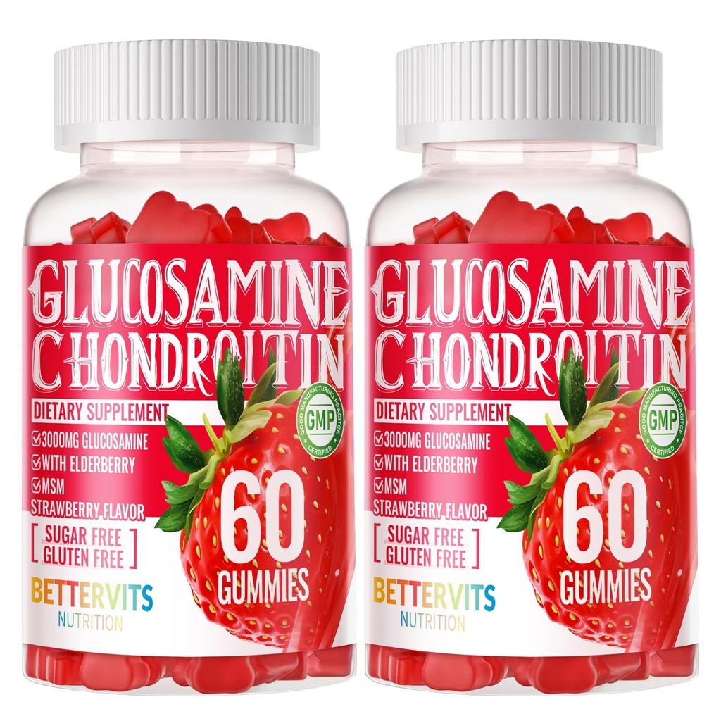 Glukozamina Chondroitin Gummies z musm & Elderberry Extra Siła - Joint Support, Antyoksydant Immune Support Supplement dla dorosłych, mężczyzn i kobiet. 120 gumek truskawkowy