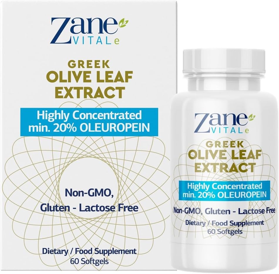 Zane grecki Olive Leaf Extract - min. 20% Oleuropein - Zapewnia immunologiczne i zdrowe ciśnienie krwi Support, Promotes Cardioviral System Health - 60 Kapsułki Non-GMO, Gluten - Laktoza - Paraben Free