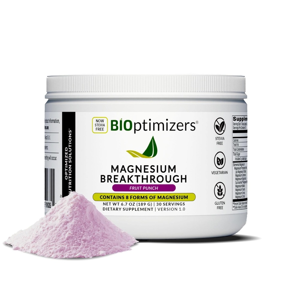 BIOptimizers Magnezu Drink Breakthrough - 8 Formy Magnezu, Electrolytes, Sleep Health, Stres, Odzysk mięśni, Wsparcie Serca 124; Glicynat, Cytrate, Malate - Fruit Punch