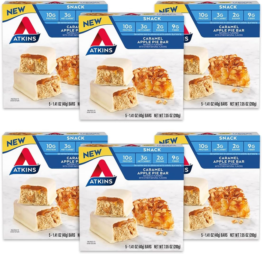 Atkins Snack Bar, Karmel Apple Pie, naturalnie smakowane, Dobre źródło białka i włókno, niskie węglowodany, niski cukier (30 barów)
