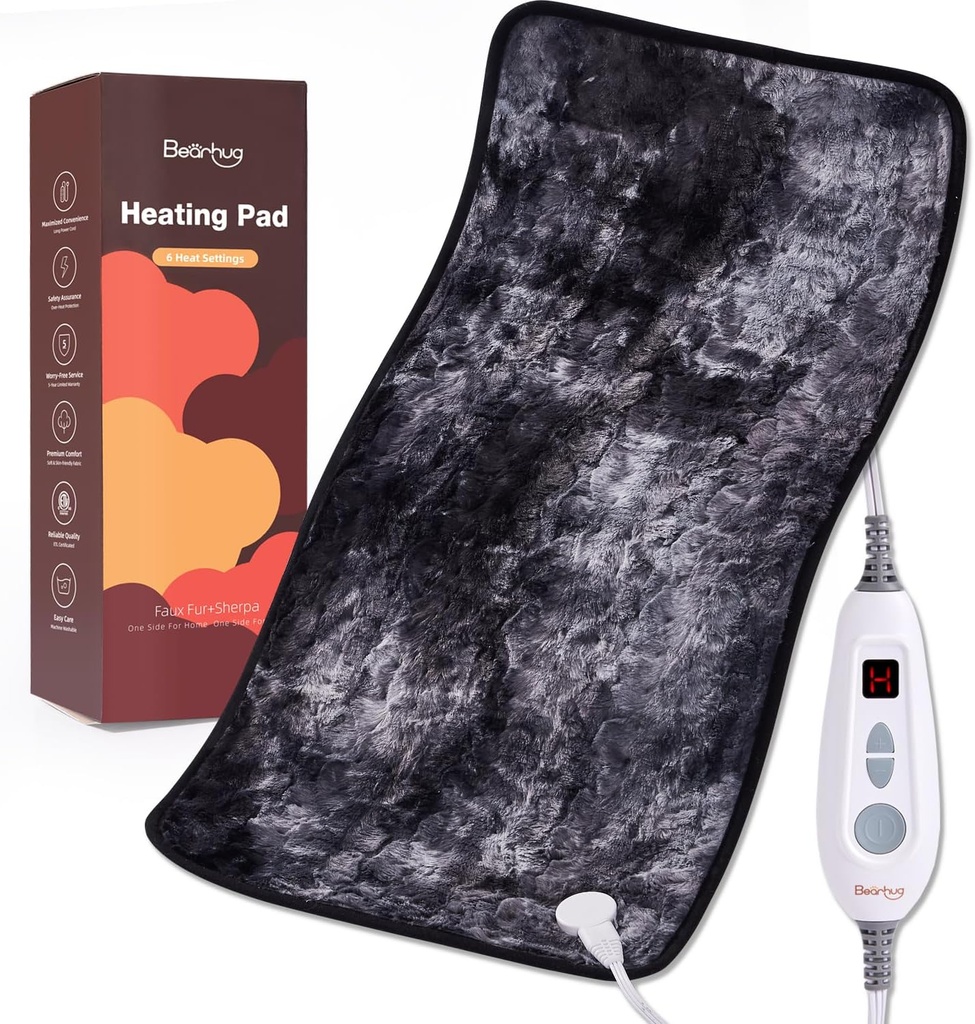 Bearhold XXL Electric Pad 17 "x33" Double- Sided Faux Fur Ogrzewanie Pad, 6 Poziomy ciepła, 2-godzinny Auto- Off, Moist & Dry Heat Therapy for Back Pain Relief, Pranie maszyny, ETL Certified - Pudełko na prezenty