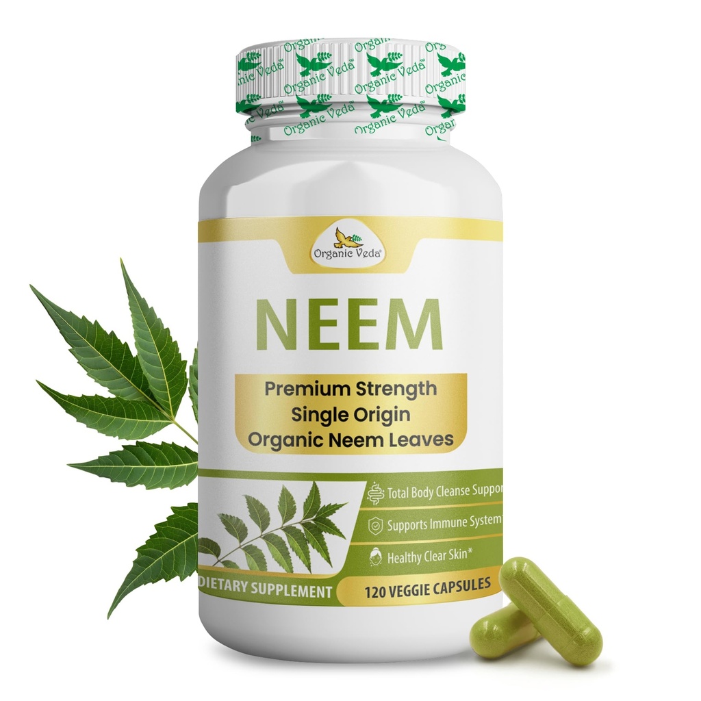 Organic Veda Neem kapsułki, 1000mg - Organic Herbal Supplement Made with Ayurvedic India Neem Leaf Powder - Wspiera Promieniującą Skórę, Immune, Detox, Zdrowa reakcja zapalna - 120 Kapsułki Veggie