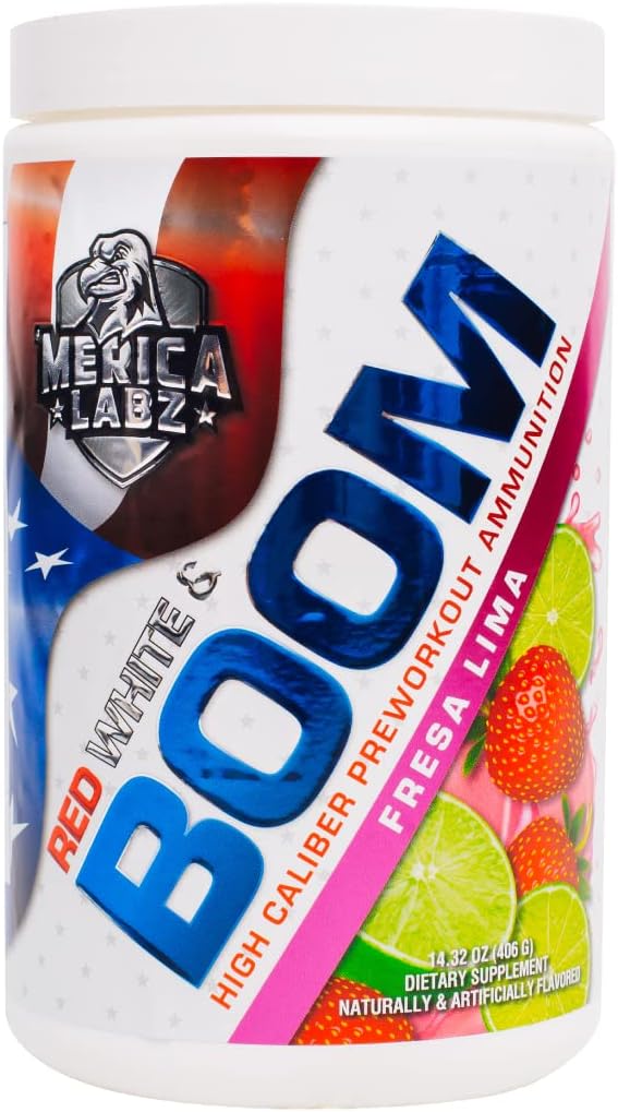 'Merica Labz Red, White, and Boom, High Caliber Pre Workout z VasoDrive- AP ®, 350mg Kofeina, Max Energy, Pompa i Focus, Zwiększony przepływ krwi i mięśni Volume, 20 Sług (Fretina Lima)
