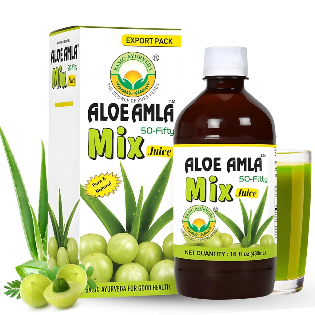 Basic Ayurveda Gooseberry + Aloe Vera Juice - 16.23 Fl Oz (480ml) Humalog 124; 50- 50 Herbal Mix for Immunity, Trawienie & Zdrowie skóry 124; Amla & Aloe Blend 124; 100% Naturalny Humalog 124; Daily Ayurvedic Tonic
