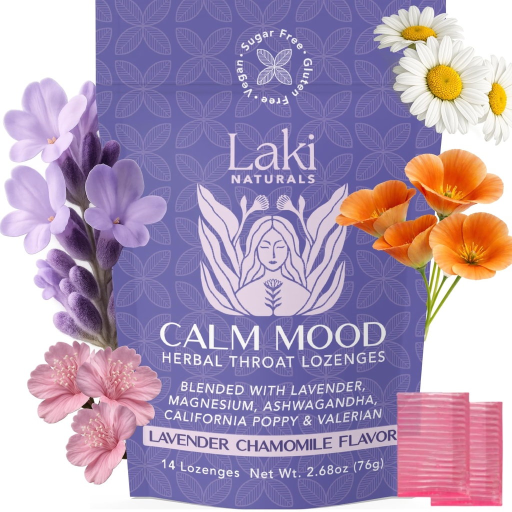 Laki Naturals Lavender Rumomile Calm Mood Functional Herbal Lozenges (14ct) Throat & Calming Hard Candies with Magnez, Ashwagandha, California Poppy & Valerian. Wegan, Cukier wolny, Gluten wolny