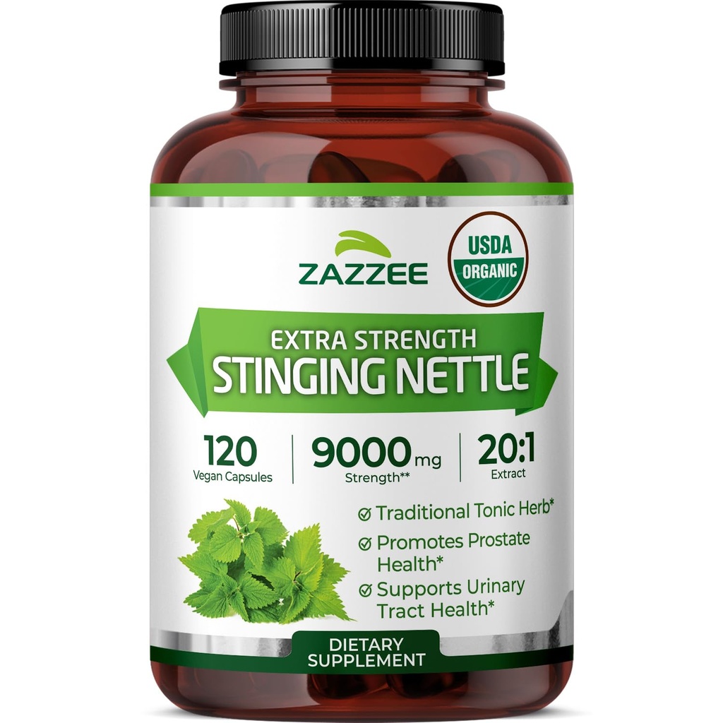 Zazzee USDA Organic Stinging Nettle 20: 1 Extract, 9000 mg Siła, 120 Kapsułki wegańskie, 4 Miesiąc dostaw, Skoncentrowane, Standaryzowane 20X Extract, Certified Organic, 100% wegetarianin, All- Natural, Non-GMO