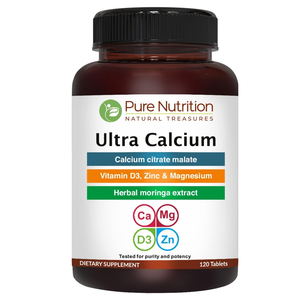 Pure Nutrition Ultra Calcium 1000mg z VIT D3 + K XI124; 120 Tab XI124; Suplement wapnia z wapniowym jabłkiem cytrynowym, VIT D3, K, Moringa Oleifera, Magnezu i cynku.