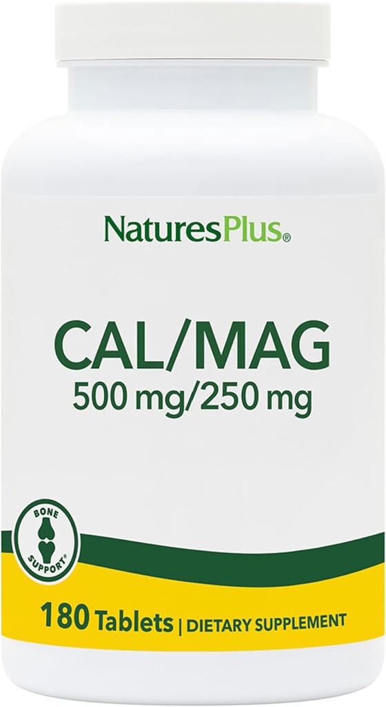 NaturesPlus Cal / Mag - 180 Tabletki wegetariańskie - 500 mg Wapń, 250 mg Magnez - Wspiera produkcję energii i ogólne Well- Being - 180 Służenie