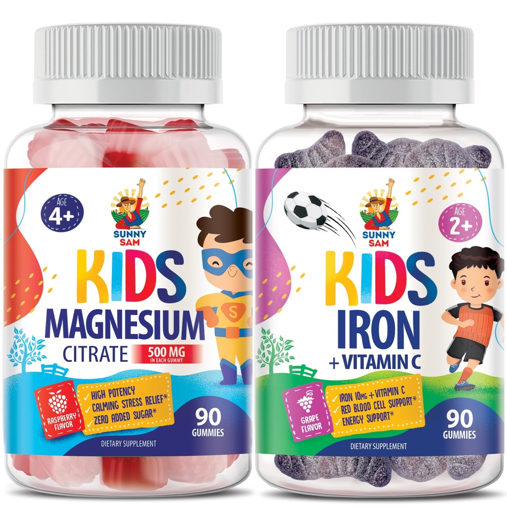SUNNY SAM Żelazne gumki dla dzieci i dorosłych - 500 mg - Spokojne żucie magnezu - Magnezu Citrate Chewable Supplement for Mood & Support Muscle