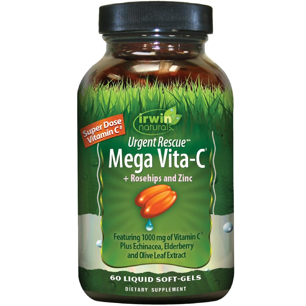 Irwin Naturals Urgent Rescue Mega Vita-C - 60 Liquid Softgels - 1,000 mg of Vitamin C - Immune Support Supplement with Rosehips and Zinc