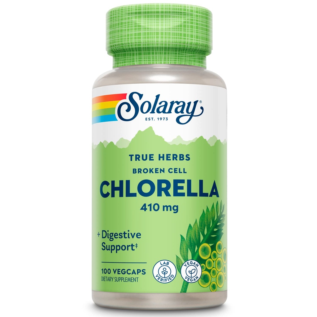 SOLARAY Broken Cell Chlorella 410 mg < 124; Nutricent- Rich Superfood w / naturalnie pojawiające się białko, Witaminy, Minerały, Chlorofil < 124; Non-GMO < 124; 100 VegCaps