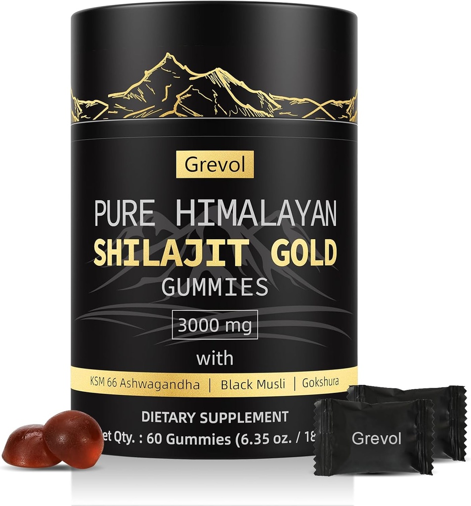 Himalayan Shilajit Gummies: Gold Grade Shilajit Risted with Ashwagandha Fulvic Acid & 85 + Ślad minerałów - No Added Sugar - Indywidualnie zapakowane - dla mężczyzn i kobiet - 60 Gummy