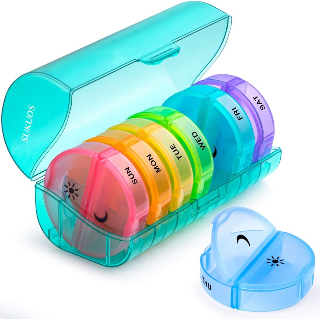 Sukuos Dużych Cotygodniowych Pill Organizator 2 razy dziennie, Daily Pill Box 7 Dzień Łatwy do otwarcia z podwójną ochroną, AM PM Pill Case for Medicine / Witamina / Olej rybny / Suplementy (Cyan)
