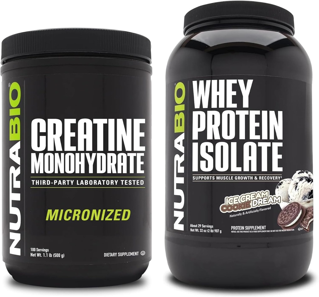 NutraBio Kreatyna Monohydrat, Nieflawored, 500g i izolatu białka serwatki, lody Cookie Dream, suplement Bundle - Energia mięśni, Lean Muscle Growth, Odzysk i Siła