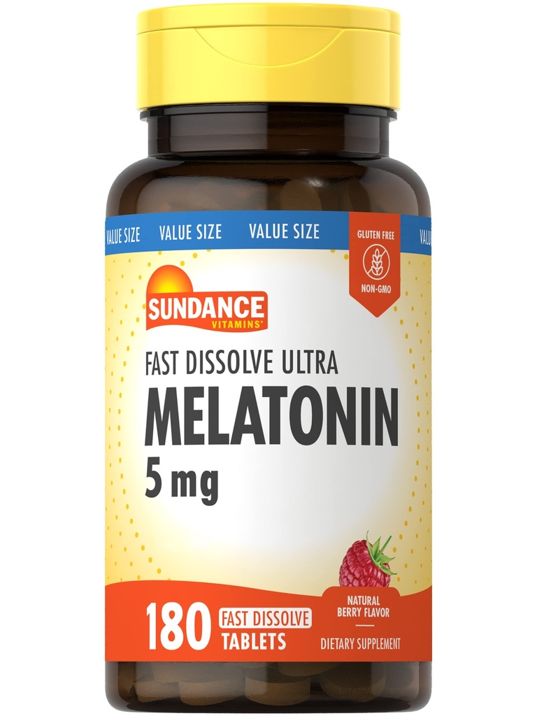 Sundance Melatonin 5 mg tabletki 124; 180 Wegetariański hrabia 124; Szybki Rozpuszczalnik 124; Natural Berry Flavor 124; Wegetariański, Non-GMO i gluten