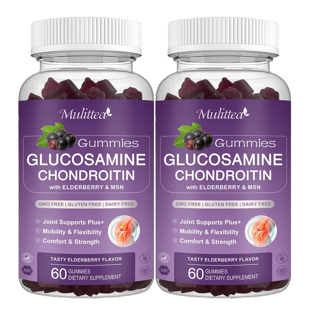 Mulittea Glukozamina Gummies Chondroitin - Dodatkowa siła Joint Supplement Supplement with MSM & Elderberry for Natural Joint, Antyoksydant Immune Support for Adult, Men & Women - (2 Pack)