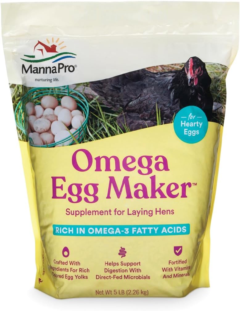 Manna Pro Omega Egg Maker, Suplement karmy dla kurcząt dla kurcząt, Drób żywności z Omega-3 Kwasy tłuszczowe, Wsparcie trawienia z wzmocnionych witamin i minerałów, 5 funtów