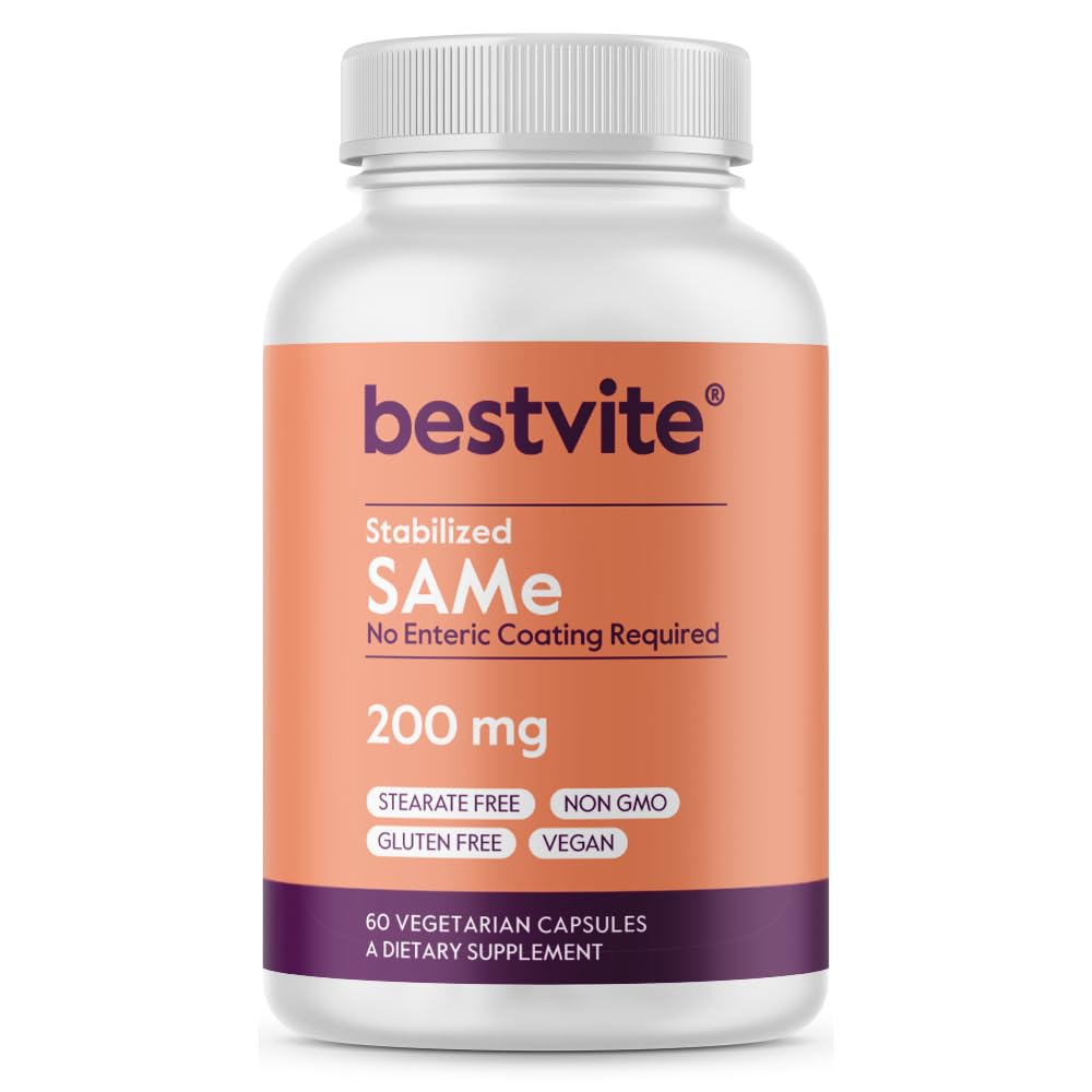 BESTVITE SAM- e 200mg Stabilizowane (60 Kapsułki wegetariańskie) - Łatwa do połknięcia postać kapsułki - Nie Enteric Coat Needed - Nie Tytanu Dwutlenek - Nie Stearyniany - Wegan - Nie GMO - Gluten Free