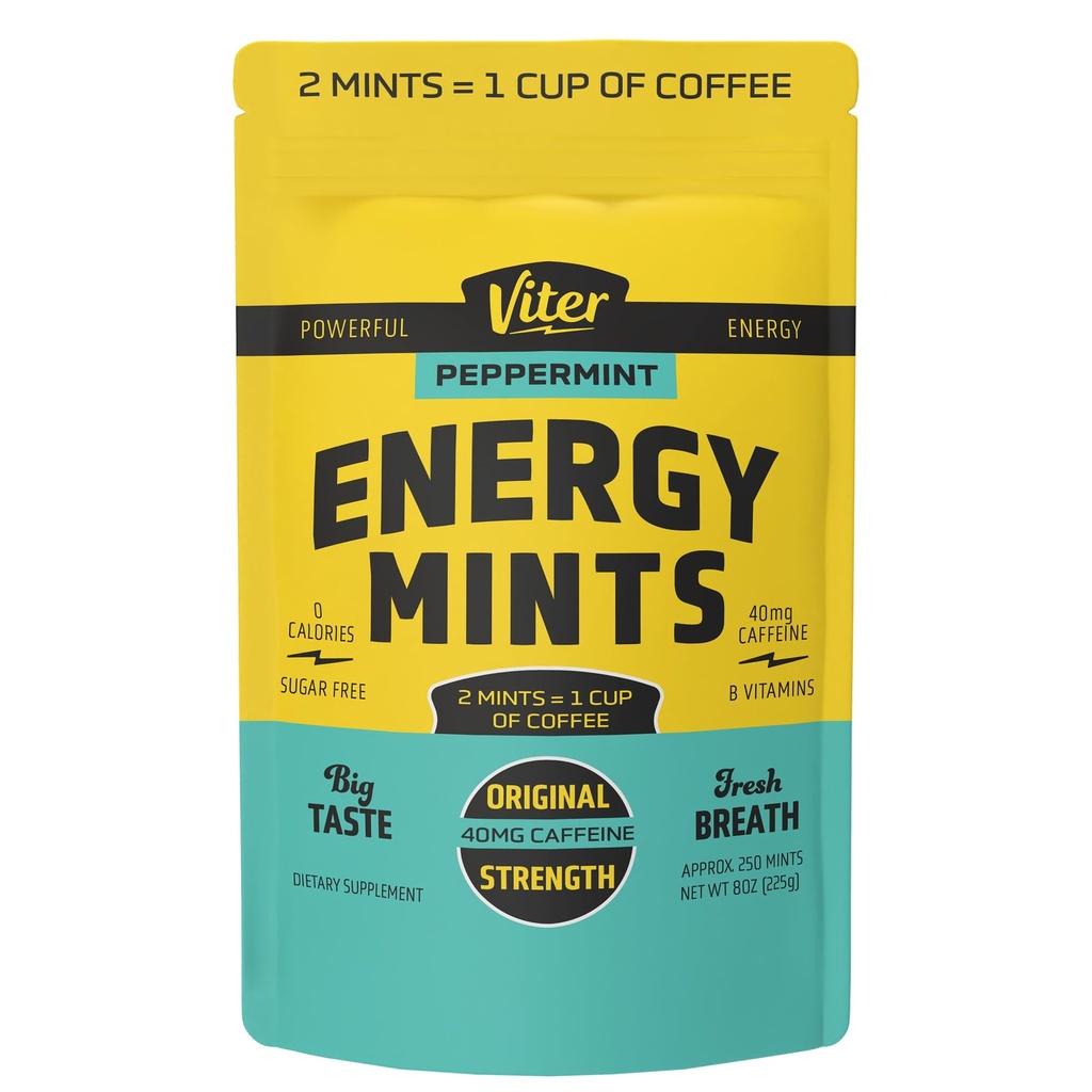 Viter Energy Kofeina Mints 40mg Kofeina, B Witaminy, Cukier wolny. (Peppermint, 8oz, worek luzem)