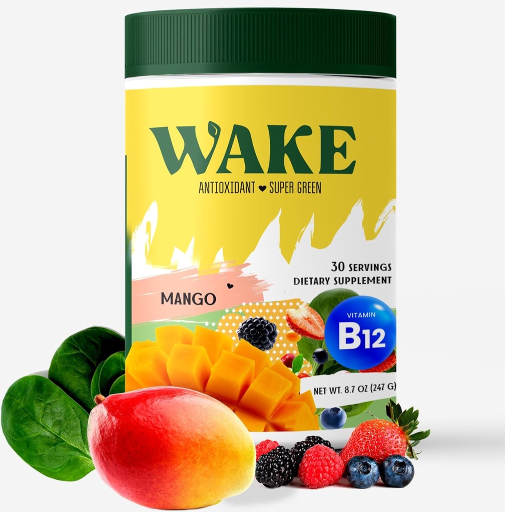 Wake Antioksydant Super Zielonych, Najlepszy naturalny proszek Superfood, Spirulina & Chlorella, Witamina B12, Napoje wegetariańskie niezawierające GMO, Sok & Smoothie Mieszanka, Enzymy, Probiotyki, Acai Berry & Camu Camu