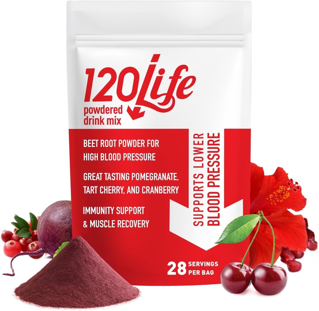 120LIFE Support Blood Pressure, Natural Beet Root Drink Drink with Pomegranate Powder, Suplement żurawinowy, Tart Cherry, Hibiscus i Magnez (28 Servings) - Gluten- Free, Wegan