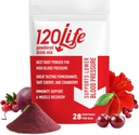 120LIFE Support Blood Pressure, Natural Beet Root Drink Drink with Pomegranate Powder, Suplement żurawinowy, Tart Cherry, Hibiscus i Magnez (28 Servings) - Gluten- Free, Wegan