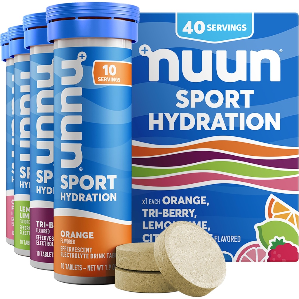 Nuun Sport Electrolyte Tablets z magnezu, Wapń, Potas, Chlorek i Sód, Gluten Free & Wegan, Mieszane aromaty, 4 Pack (40 Służenie ogółem)