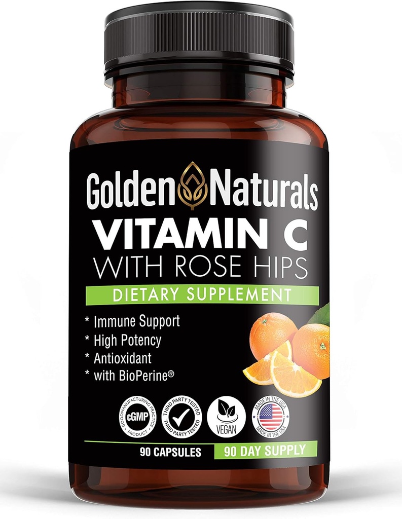 Golden Naturals Witamina C z All Natural Rose HIPS, 1000mg, wsparcie immunologiczne i potężny przeciwutleniacz, Wysoka absorpcja z BioPerine, Poprawa zdrowia skóry, 90 Kapsułki