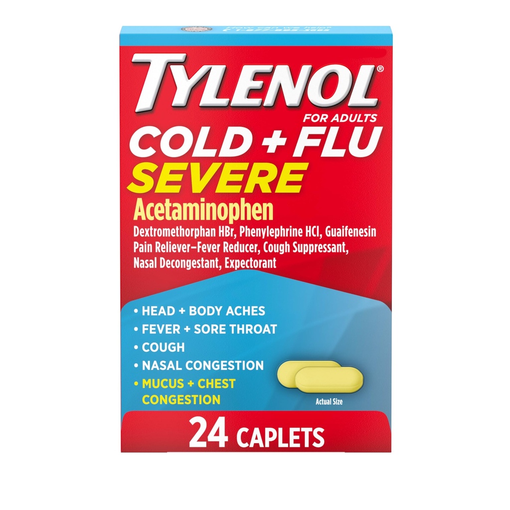 Tylenol Cold + Flu Ciężkie kapsułki na gorączkę, ból, kaszel i zatory, 24 ct.