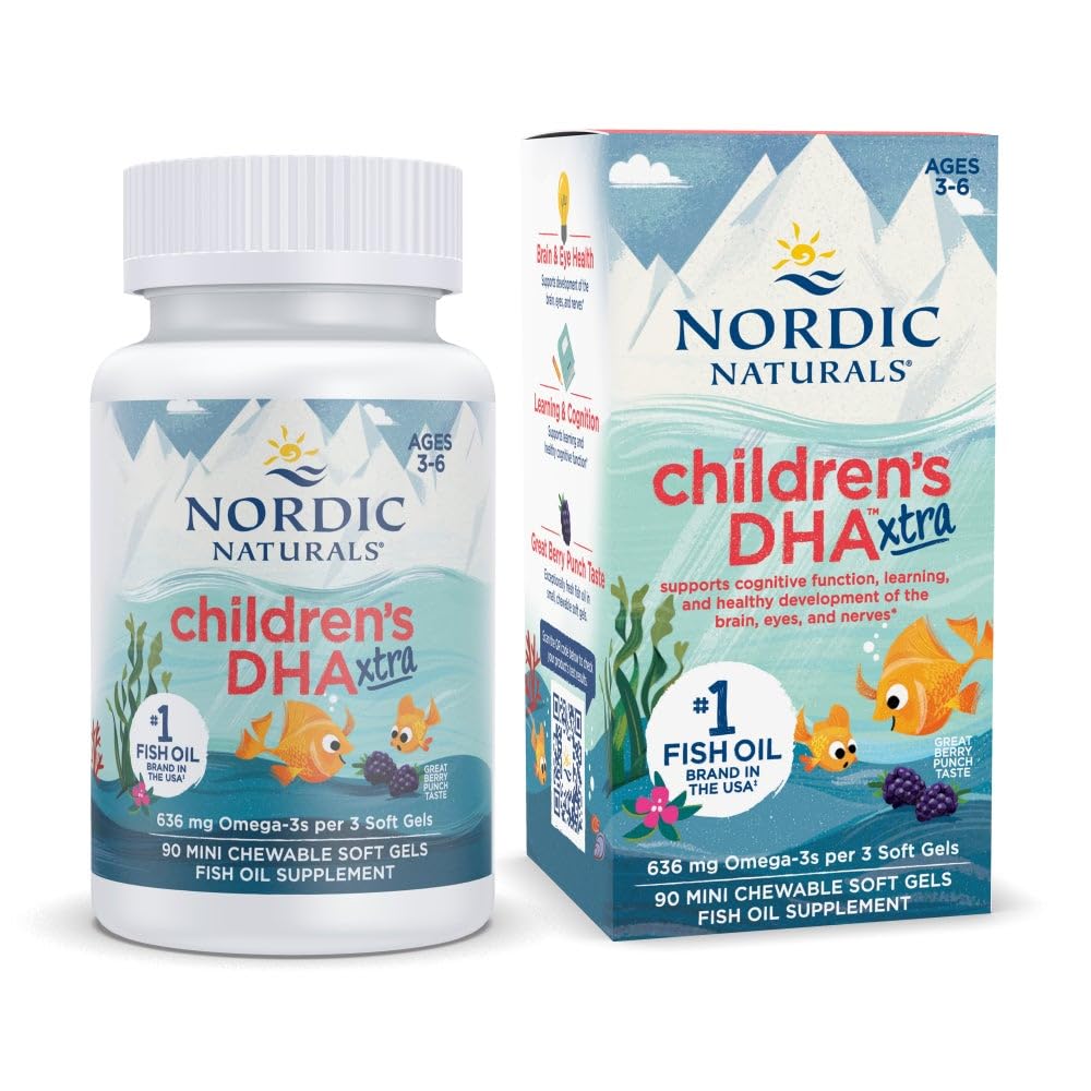 Nordic Naturals Children 's DHA Xtra, Berry Punch - 90 Mini żele do żucia dla dzieci - 636 mg Omega- 3 s EPA & DHA - Funkcja poznawcza i immunologiczna, Nauka, Rozwój społeczny - Non-GMO - 30 Służenie