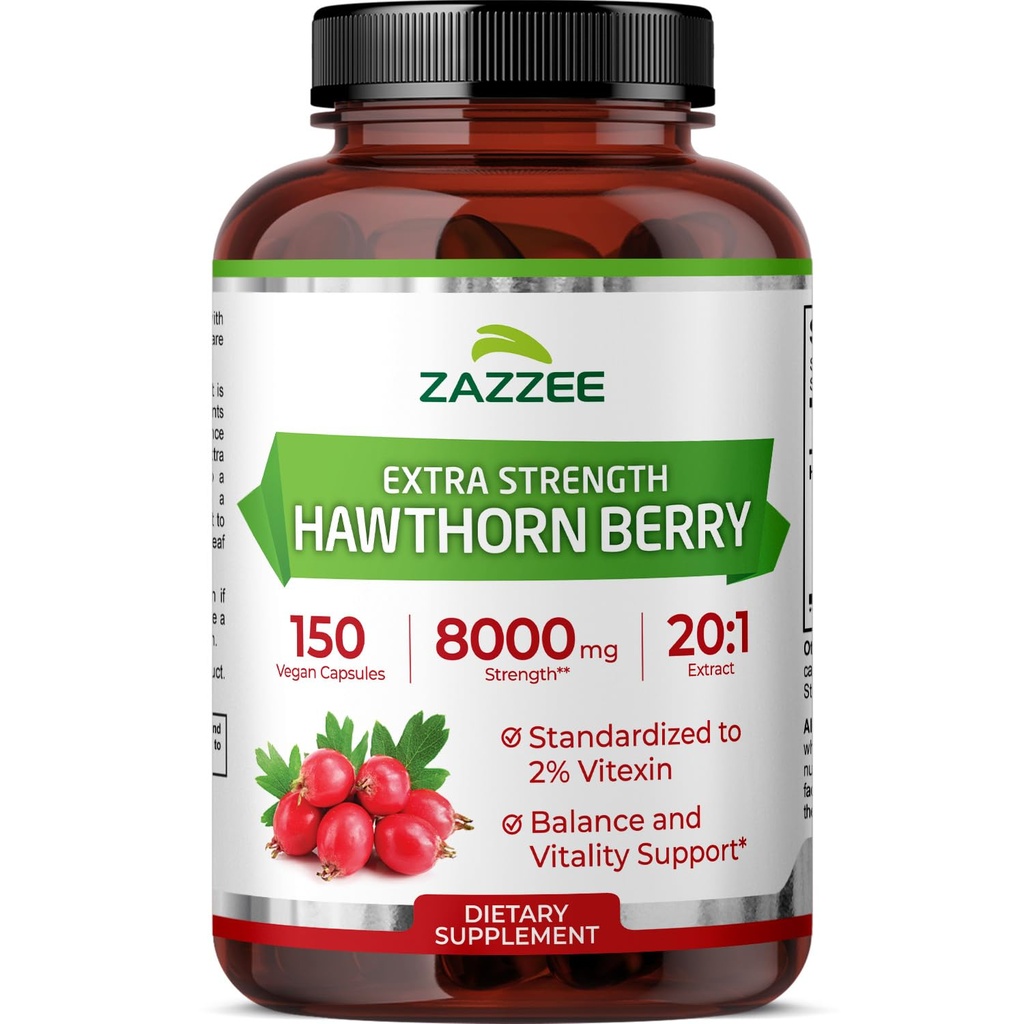 Zazzee Extra Siła Hawthorn Berry 20: 1 Ekstrakt, 8000 mg Siła, 2% Vitexin, 150 Kapsułki wegańskie, 5 Miesiąc dostaw, Koncentrated and Standarysed Potent 20X Ekstrakt, Non-GMO i All- Natural