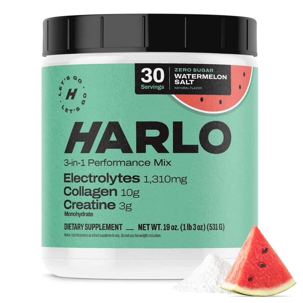 Harlo - Arbuz Salt Electrolyte Drink Mix w / Kolagen bydlęcy & Kreatyna - Monowodzian kreatora Proszek - Napoje energetyczne w proszku - Wstępny trening - Bezcukrowe napoje energetyczne - Po zakończeniu treningu