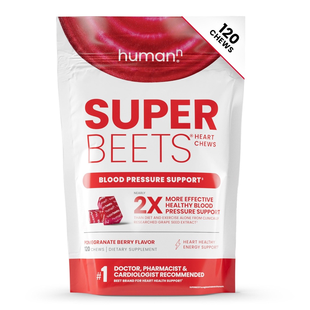 Humanin SuperBeets Heart Chews, Nitric Oxide and Blood Pressure Support, Grape Seed Extract & Non-GMO Beet Root Powder Energy, Pomegranat Berry Flavor, 120 Count