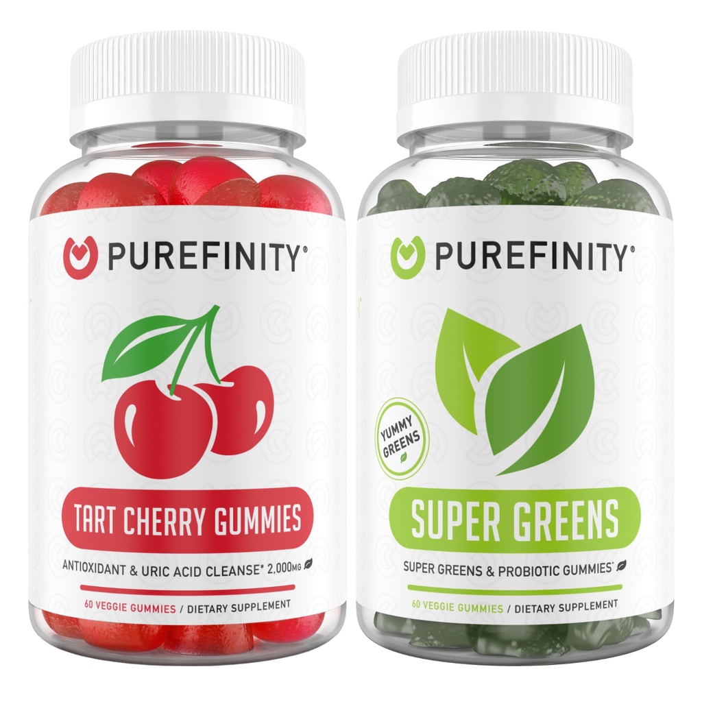 PUREFINITY Tart Cherry and Super Greens Gummies Bundle (Flush & Cleanse kwasu moczowego z codziennych Zielonych)