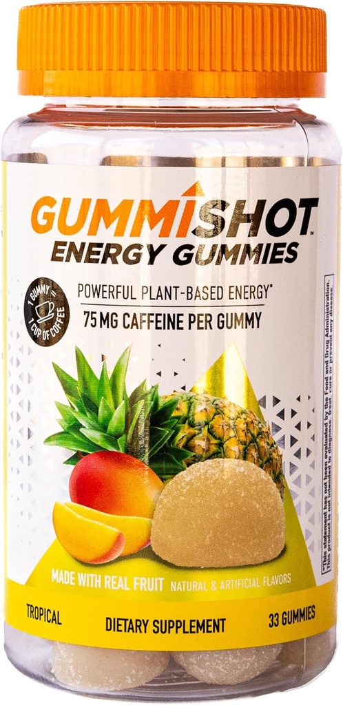 GummiShot Gummies energii, 2475mg kofeiny na butelce na planta- oparte na plantacji żucia na butelce, Long Lasting Energy Boosters, Tropikalny (33ct)