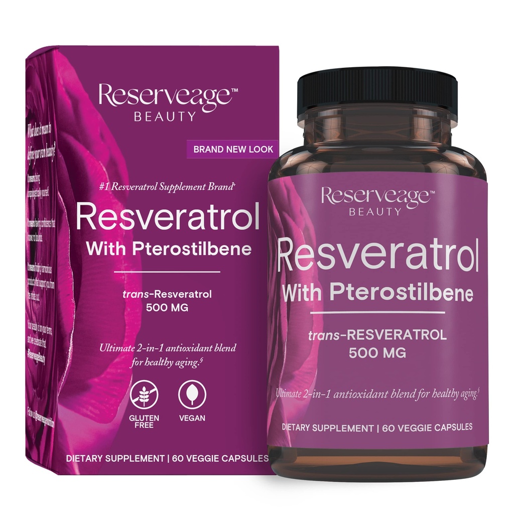 Reserverate Beauty, Resveratrol 500 mg z Pterostilbene, Suplement przeciwutleniacz do immunologicznego wsparcia i zdrowia serca, Wspiera zdrowe starzenia, Paleo, Keto, 60 Kapsułki (60 Służenie)