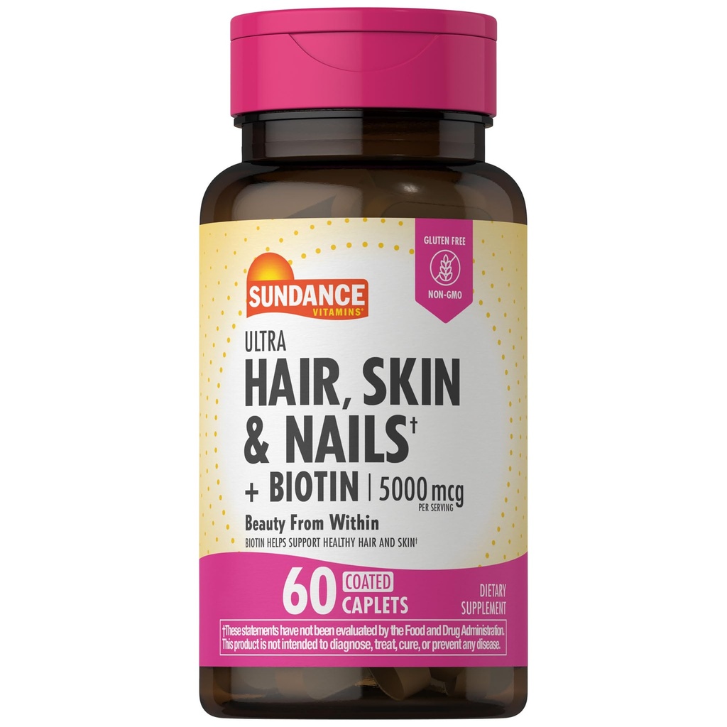 Sundance Hair, Skin & Nails Witaminy 124; 5000mcg XI124; 60 Coated Caplets XI124; z Biotin i Collagen XI124; Non- GMO & Gluten