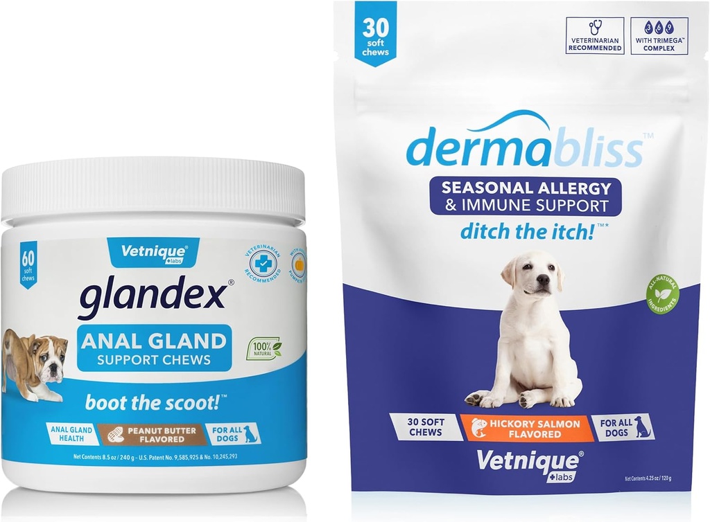 Vetnique Labs Dermabliss Alergy Chews 30 Ct i Glandex Anal Gland Support Chews 60 Ct Bundle Dog Vitamin & Supplements, Anal Gland Dog Treats with Probiotics, Dog Allergies Skóra Leczenie miękkie Chew