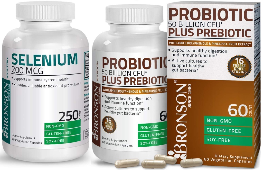 Bronson Probiotic 50 Miliard CFU + Prebiotyk z Apple Polyphenols & Ananase Fruit Extract + Selenium 200 Mcg dla układu immunologicznego, tarczycy, prostaty i zdrowia serca