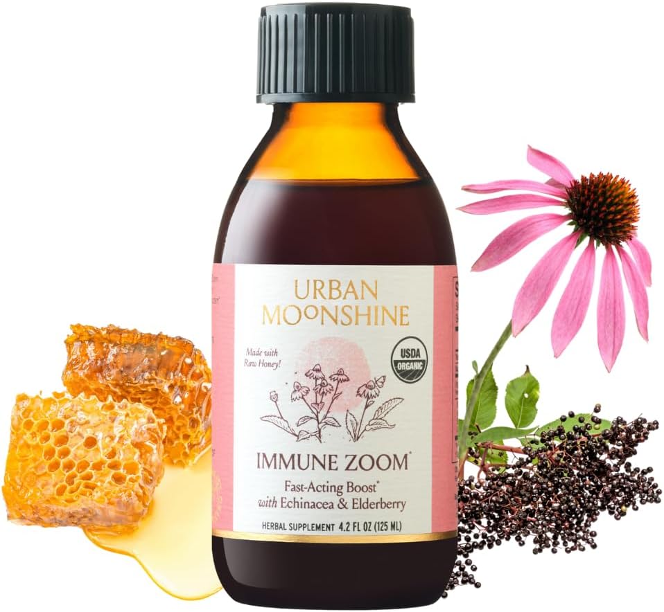 Miejski Moonshine Immune Zoom - Szybkie działanie Immunitet Boost - Organiczny Syrop Elderberry - Echinacea - Raw Honey - Certified Organic - Natural - 4.2 Fl Oz